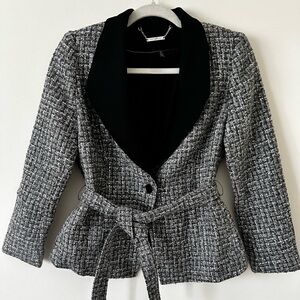 Black White Tweed Blazer Petite 6P Belted Peplum Jacket Chic Office